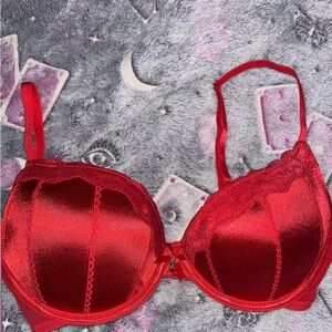 Red Satin Lace Trim Bra